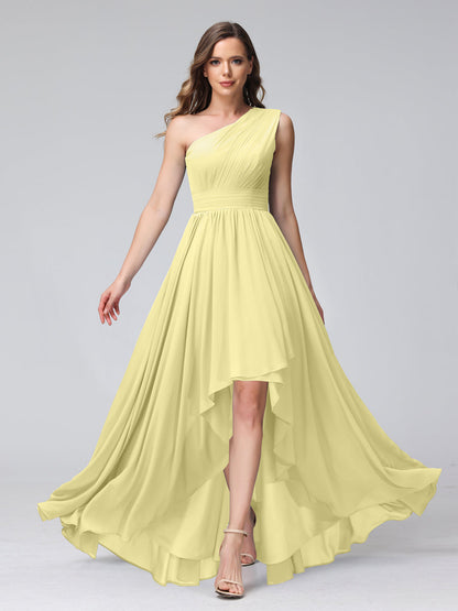 A-Line One-Shoulder Sleeveless Chiffon High Low Bridesmaid Dresses with Pockets