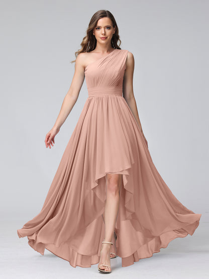 A-Line One-Shoulder Sleeveless Chiffon High Low Bridesmaid Dresses with Pockets