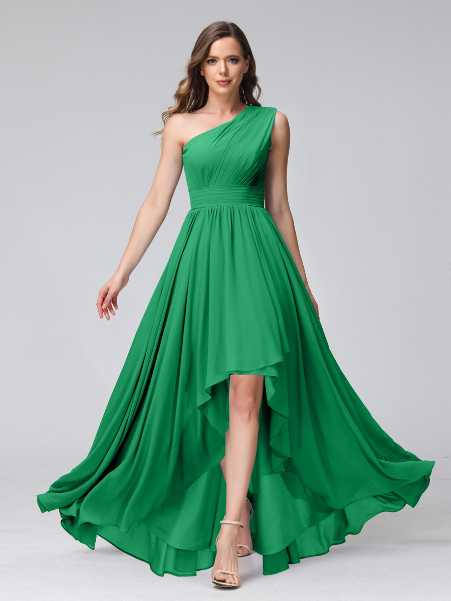 A-Line One-Shoulder Sleeveless Chiffon High Low Bridesmaid Dresses with Pockets