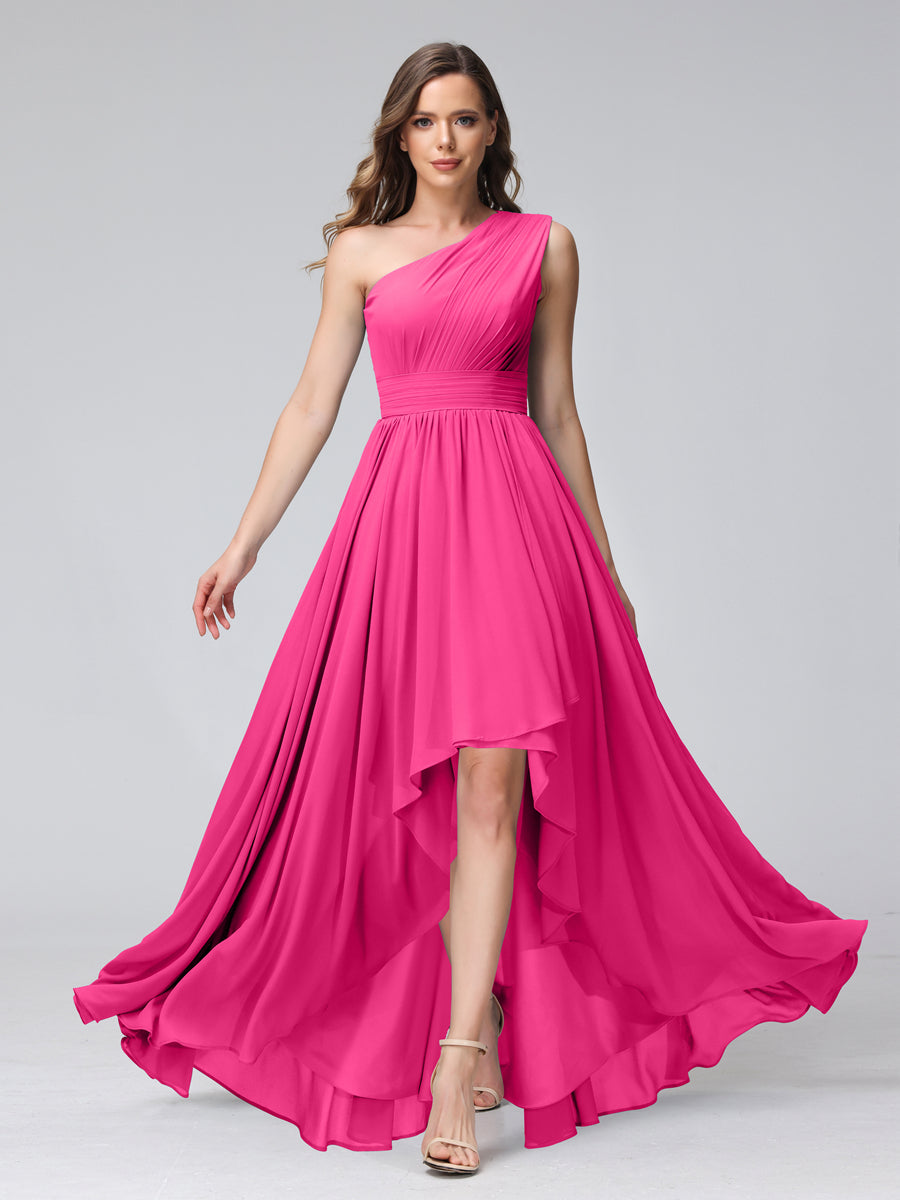 A-Line One-Shoulder Sleeveless Chiffon High Low Bridesmaid Dresses with Pockets