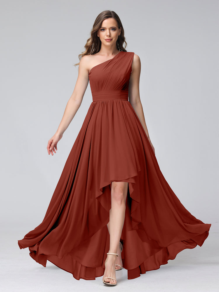 short red chiffon one shoulder dress