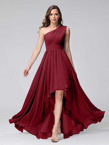 A-Line One-Shoulder Sleeveless Chiffon High Low Bridesmaid Dresses with Pockets