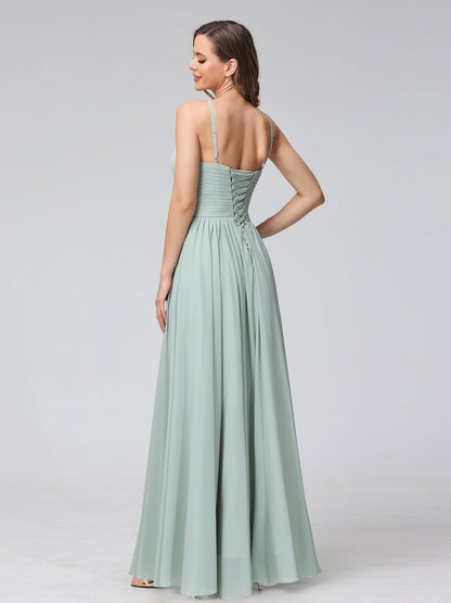 A-Line Halter Sleeveless Ruched Floor-Length Chiffon Bridesmaid Dresses