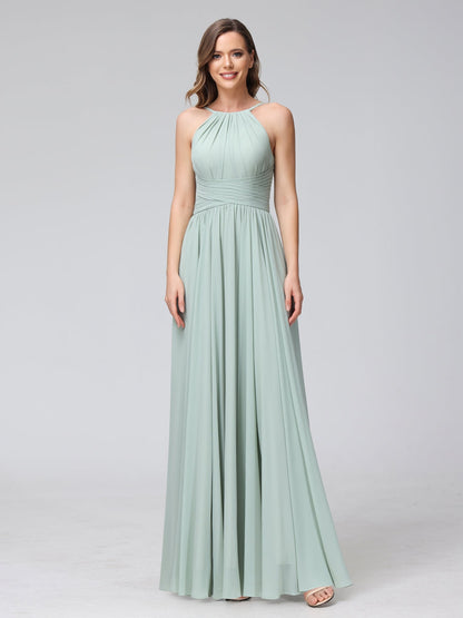 A-Line Halter Sleeveless Ruched Floor-Length Chiffon Bridesmaid Dresses