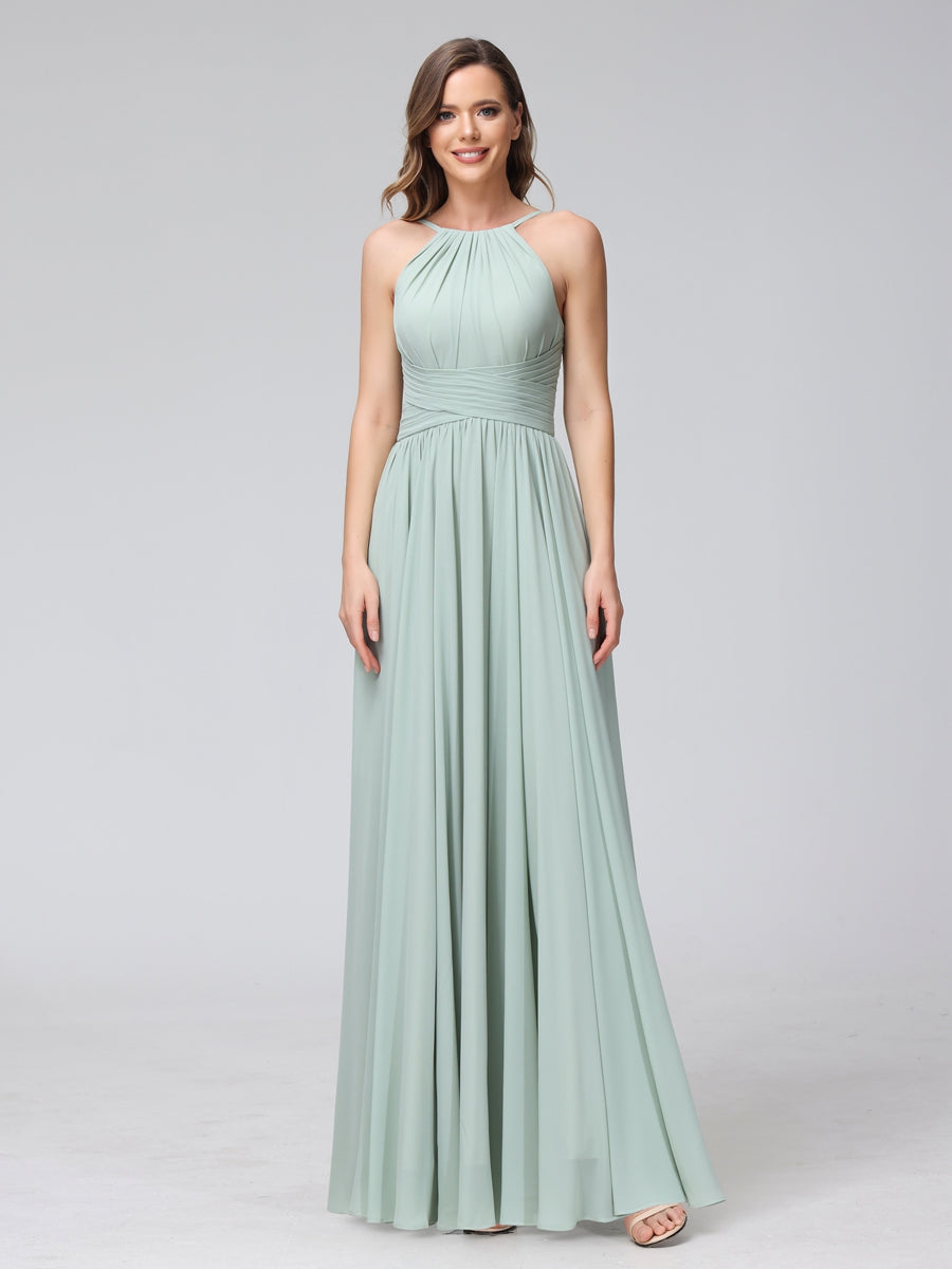 A-Line Halter Sleeveless Ruched Floor-Length Chiffon Bridesmaid Dresses