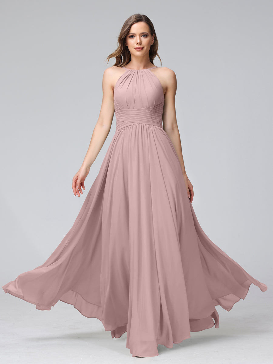 A-Line Halter Sleeveless Ruched Floor-Length Chiffon Bridesmaid Dresses