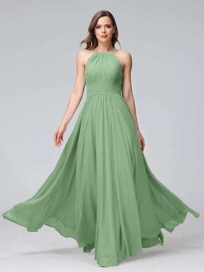 A-Line Halter Sleeveless Ruched Floor-Length Chiffon Bridesmaid Dresses