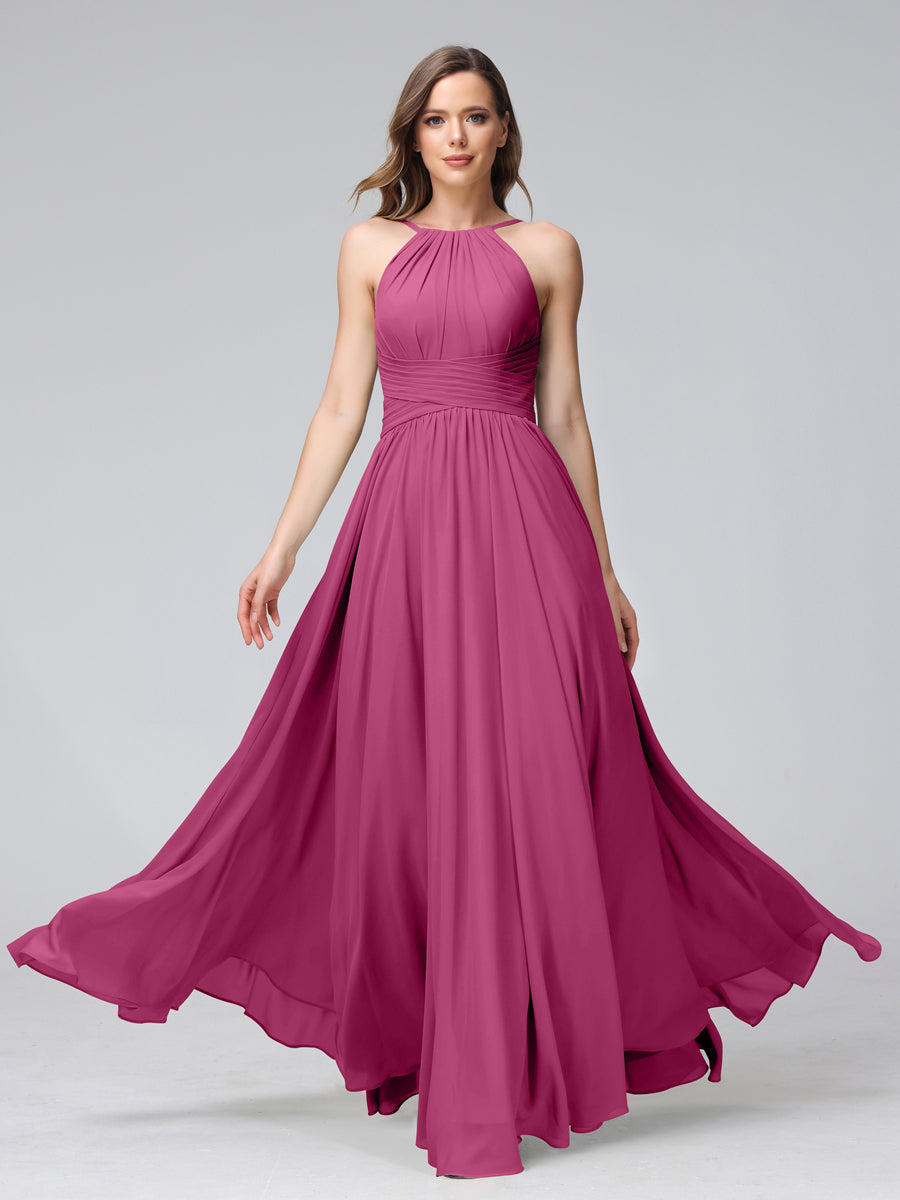 A-Line Halter Sleeveless Ruched Floor-Length Chiffon Bridesmaid Dresses