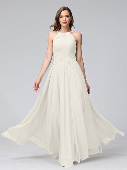 A-Line Halter Sleeveless Ruched Floor-Length Chiffon Bridesmaid Dresses