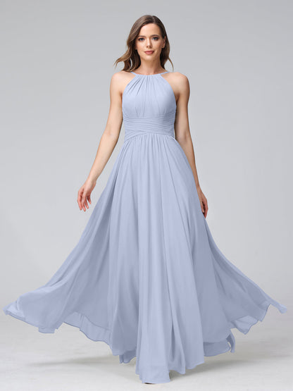 A-Line Halter Sleeveless Ruched Floor-Length Chiffon Bridesmaid Dresses