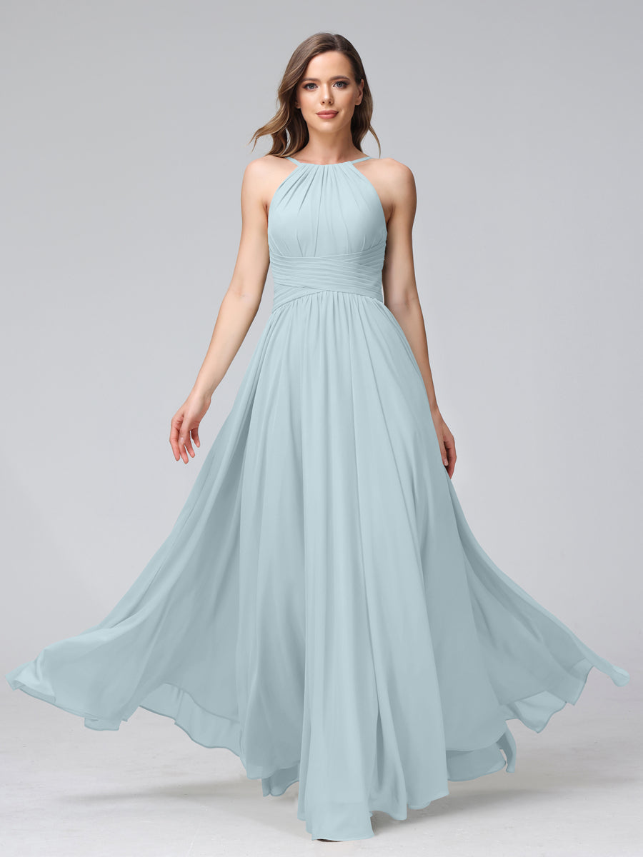 A-Line Halter Sleeveless Ruched Floor-Length Chiffon Bridesmaid Dresses