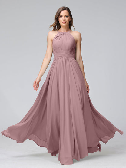 A-Line Halter Sleeveless Ruched Floor-Length Chiffon Bridesmaid Dresses