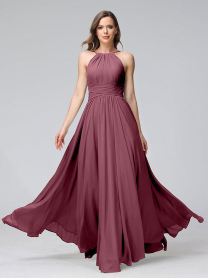 A-Line Halter Sleeveless Ruched Floor-Length Chiffon Bridesmaid Dresses