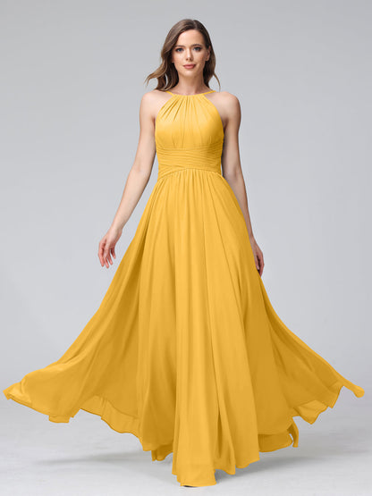 A-Line Halter Sleeveless Ruched Floor-Length Chiffon Bridesmaid Dresses