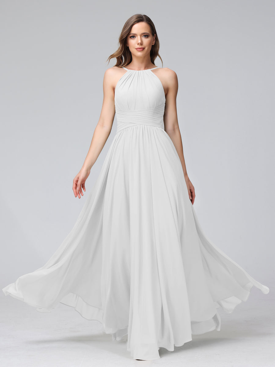 A-Line Halter Sleeveless Ruched Floor-Length Chiffon Bridesmaid Dresses