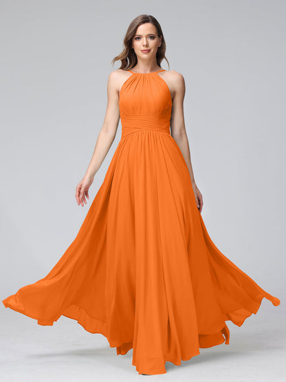 A-Line Halter Sleeveless Ruched Floor-Length Chiffon Bridesmaid Dresses