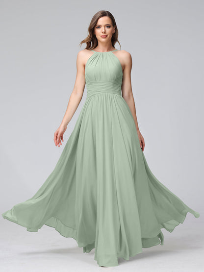 A-Line Halter Sleeveless Ruched Floor-Length Chiffon Bridesmaid Dresses