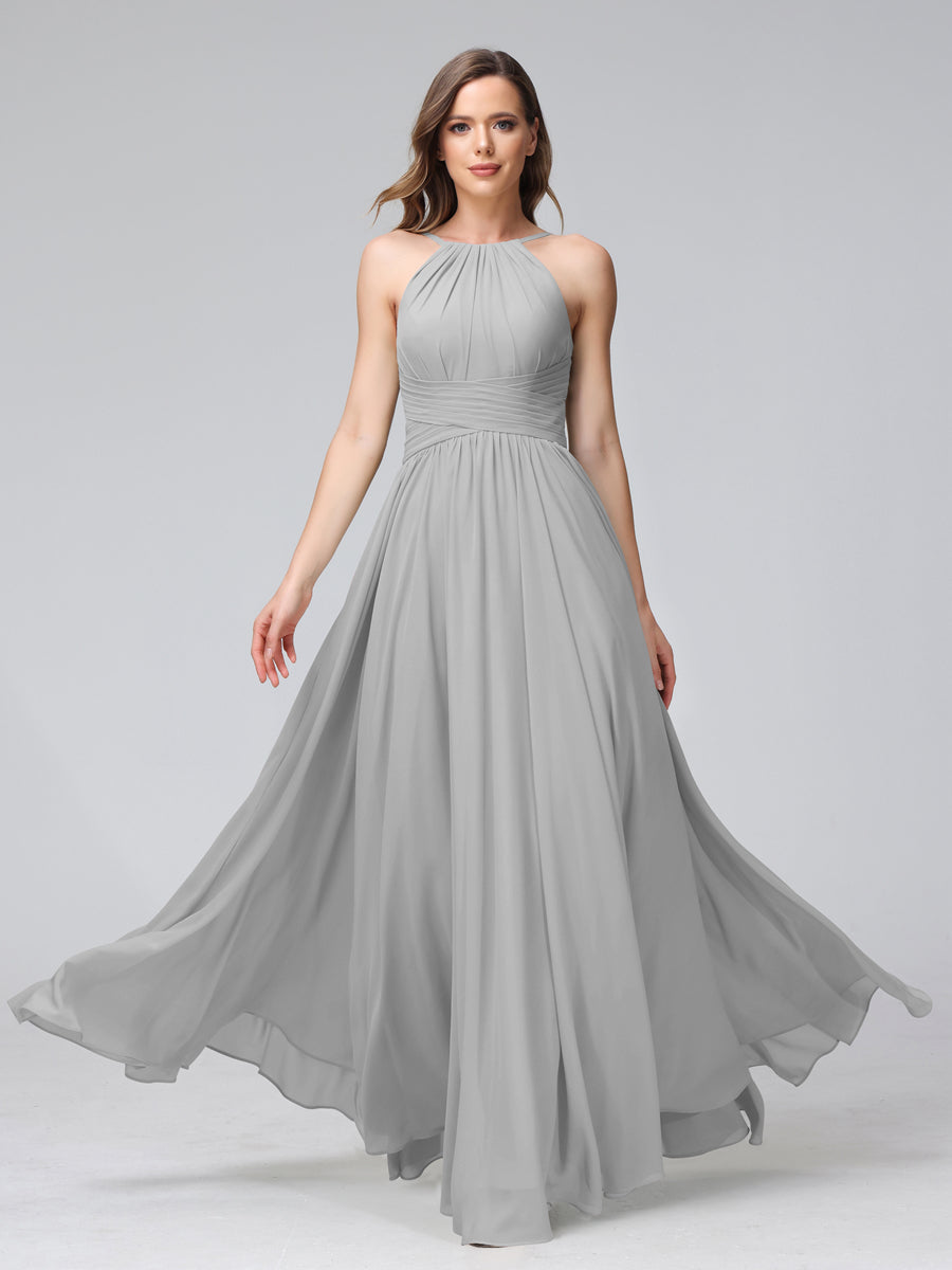 A-Line Halter Sleeveless Ruched Floor-Length Chiffon Bridesmaid Dresses