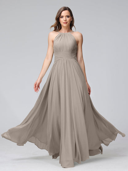 A-Line Halter Sleeveless Ruched Floor-Length Chiffon Bridesmaid Dresses