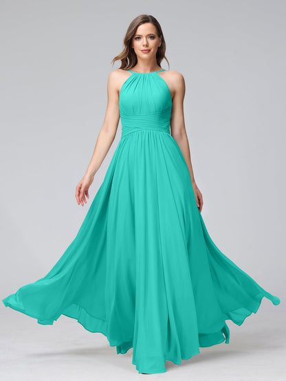 A-Line Halter Sleeveless Ruched Floor-Length Chiffon Bridesmaid Dresses