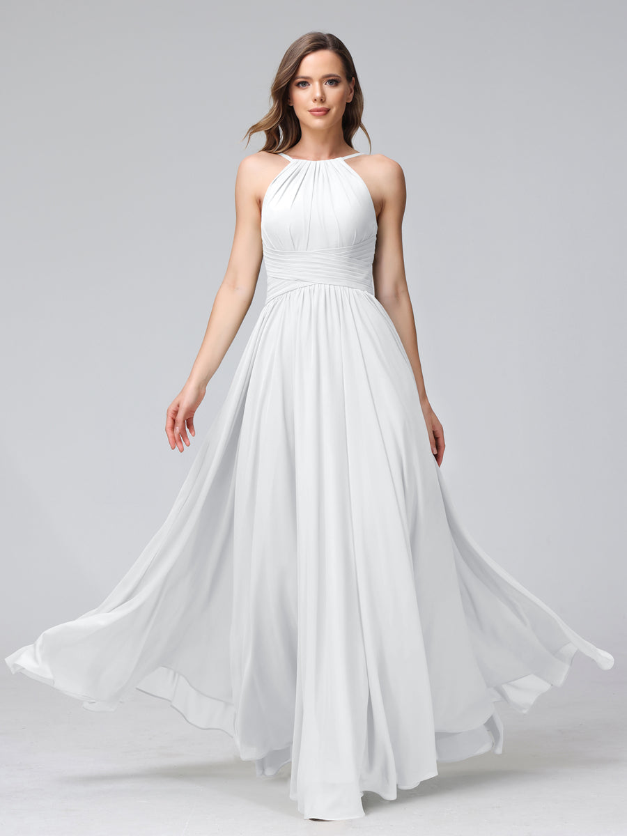 A-Line Halter Sleeveless Ruched Floor-Length Chiffon Bridesmaid Dresses