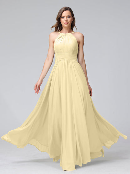 A-Line Halter Sleeveless Ruched Floor-Length Chiffon Bridesmaid Dresses