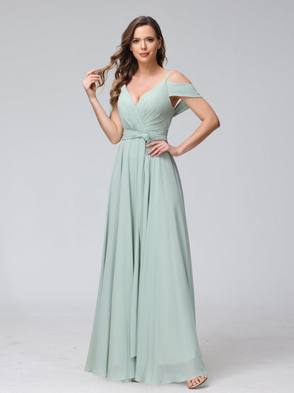 A-Line V-Neck Short Sleeves Chiffon Bridesmaid Dresses with Spaghetti Straps & Split Side