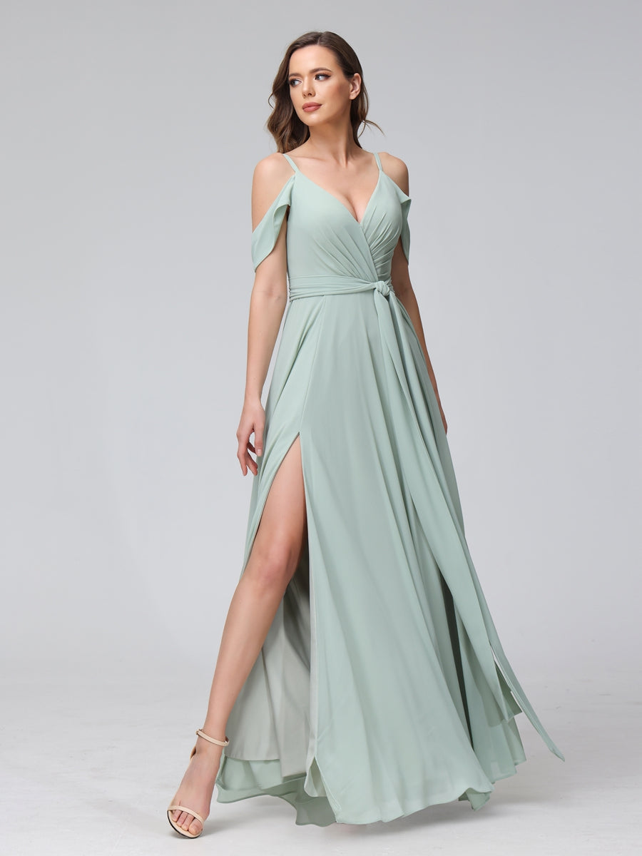 A-Line V-Neck Short Sleeves Chiffon Bridesmaid Dresses with Spaghetti Straps & Split Side