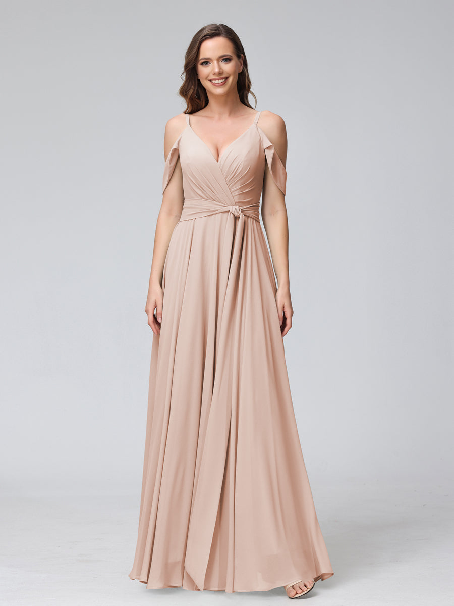 A-Line V-Neck Short Sleeves Chiffon Bridesmaid Dresses with Spaghetti Straps & Split Side