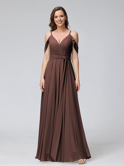 A-Line V-Neck Short Sleeves Chiffon Bridesmaid Dresses with Spaghetti Straps & Split Side