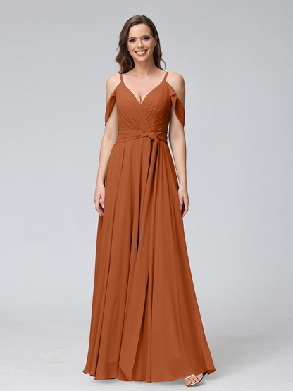 A-Line V-Neck Short Sleeves Chiffon Bridesmaid Dresses with Spaghetti Straps & Split Side