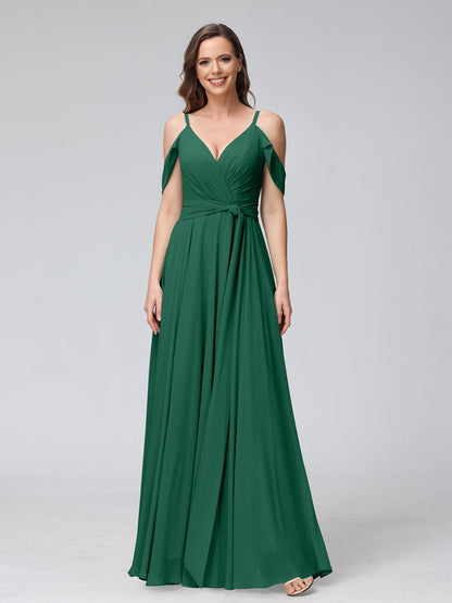 A-Line V-Neck Short Sleeves Chiffon Bridesmaid Dresses with Spaghetti Straps & Split Side