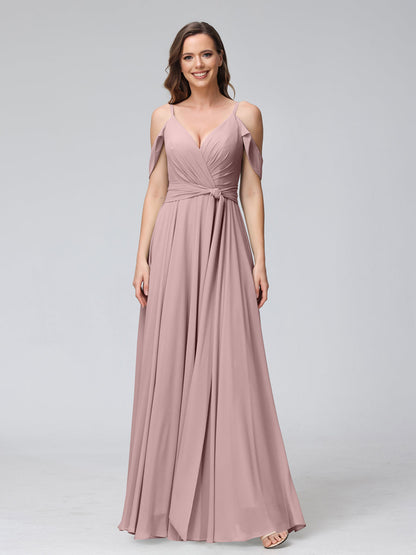 A-Line V-Neck Short Sleeves Chiffon Bridesmaid Dresses with Spaghetti Straps & Split Side