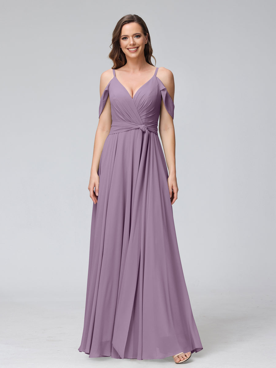 A-Line V-Neck Short Sleeves Chiffon Bridesmaid Dresses with Spaghetti Straps & Split Side