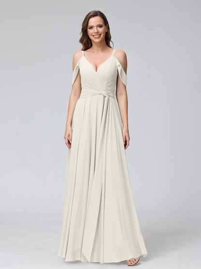 A-Line V-Neck Short Sleeves Chiffon Bridesmaid Dresses with Spaghetti Straps & Split Side