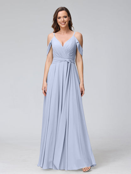 A-Line V-Neck Short Sleeves Chiffon Bridesmaid Dresses with Spaghetti Straps & Split Side