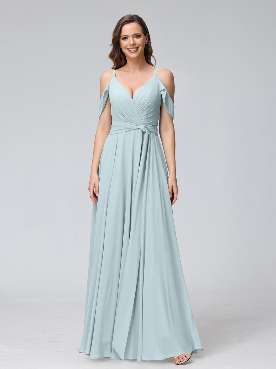 A-Line V-Neck Short Sleeves Chiffon Bridesmaid Dresses with Spaghetti Straps & Split Side