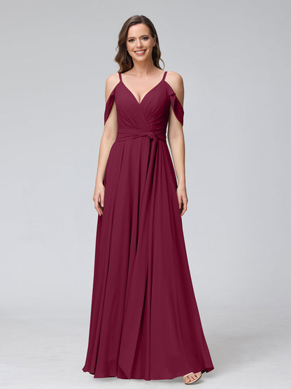 A-Line V-Neck Short Sleeves Chiffon Bridesmaid Dresses with Spaghetti Straps & Split Side