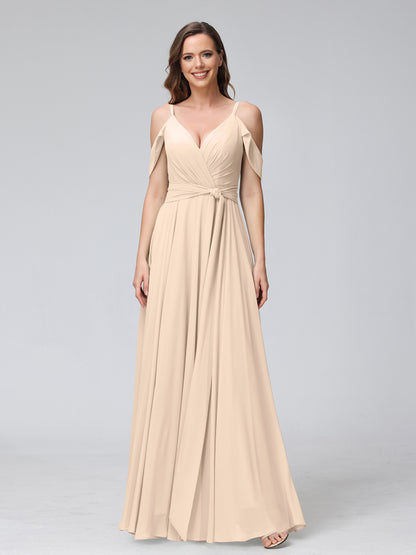 A-Line V-Neck Short Sleeves Chiffon Bridesmaid Dresses with Spaghetti Straps & Split Side