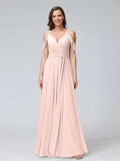 A-Line V-Neck Short Sleeves Chiffon Bridesmaid Dresses with Spaghetti Straps & Split Side