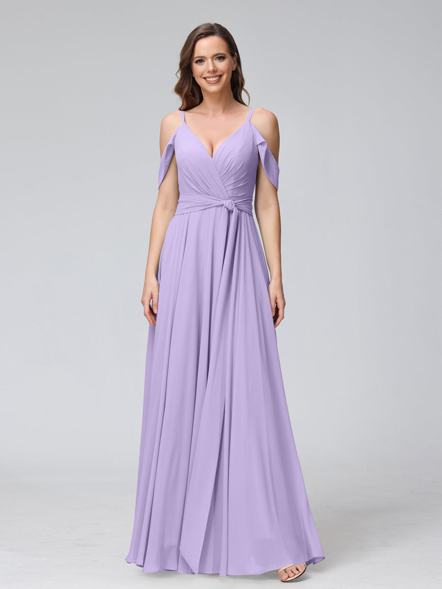 A-Line V-Neck Short Sleeves Chiffon Bridesmaid Dresses with Spaghetti Straps & Split Side