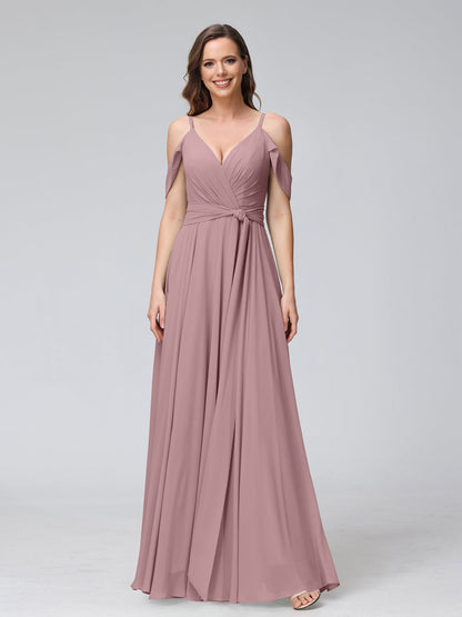 A-Line V-Neck Short Sleeves Chiffon Bridesmaid Dresses with Spaghetti Straps & Split Side