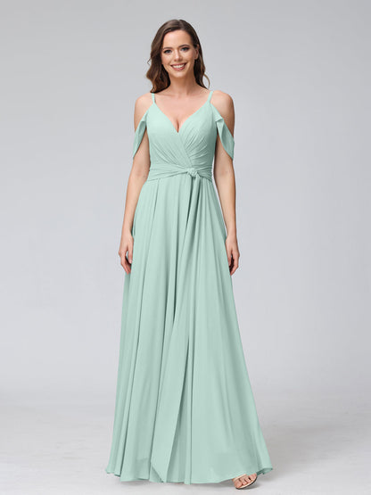 A-Line V-Neck Short Sleeves Chiffon Bridesmaid Dresses with Spaghetti Straps & Split Side