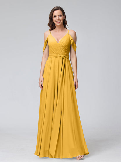 A-Line V-Neck Short Sleeves Chiffon Bridesmaid Dresses with Spaghetti Straps & Split Side