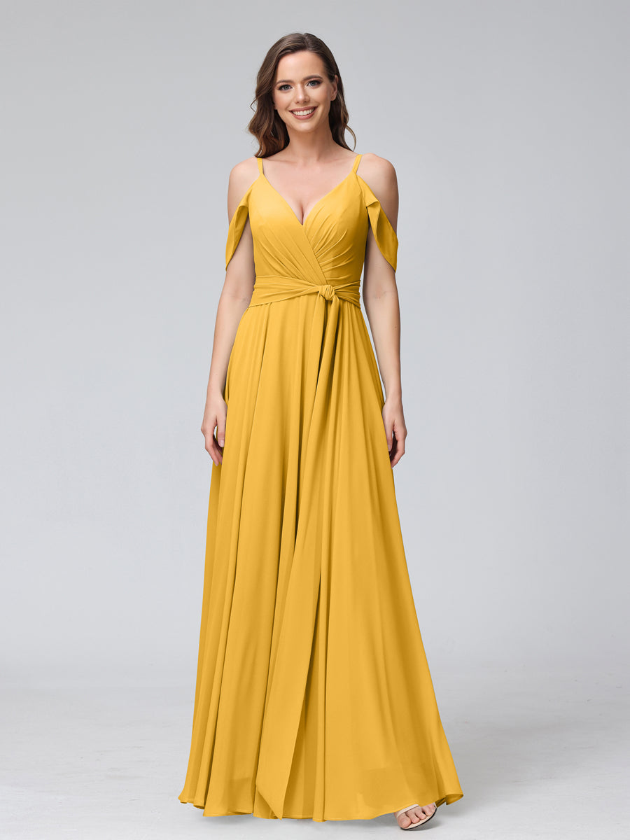 A-Line V-Neck Short Sleeves Chiffon Bridesmaid Dresses with Spaghetti Straps & Split Side