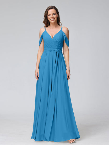 A-Line V-Neck Short Sleeves Chiffon Bridesmaid Dresses with Spaghetti Straps & Split Side