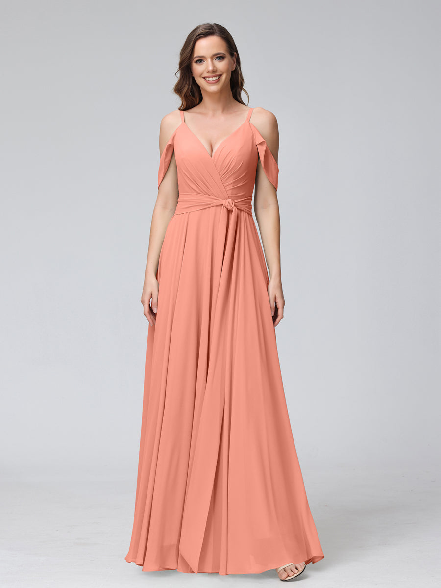 A-Line V-Neck Short Sleeves Chiffon Bridesmaid Dresses with Spaghetti Straps & Split Side