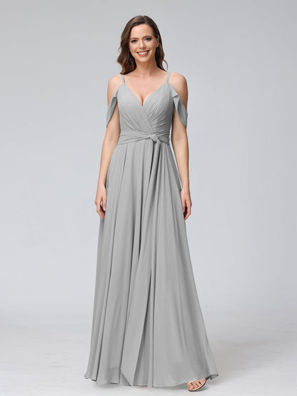 A-Line V-Neck Short Sleeves Chiffon Bridesmaid Dresses with Spaghetti Straps & Split Side