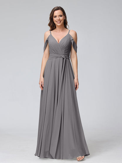 A-Line V-Neck Short Sleeves Chiffon Bridesmaid Dresses with Spaghetti Straps & Split Side