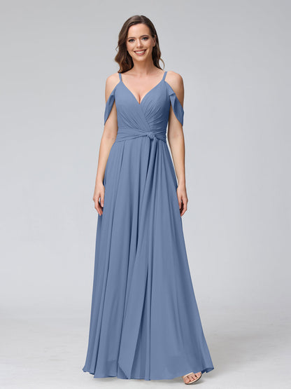 A-Line V-Neck Short Sleeves Chiffon Bridesmaid Dresses with Spaghetti Straps & Split Side